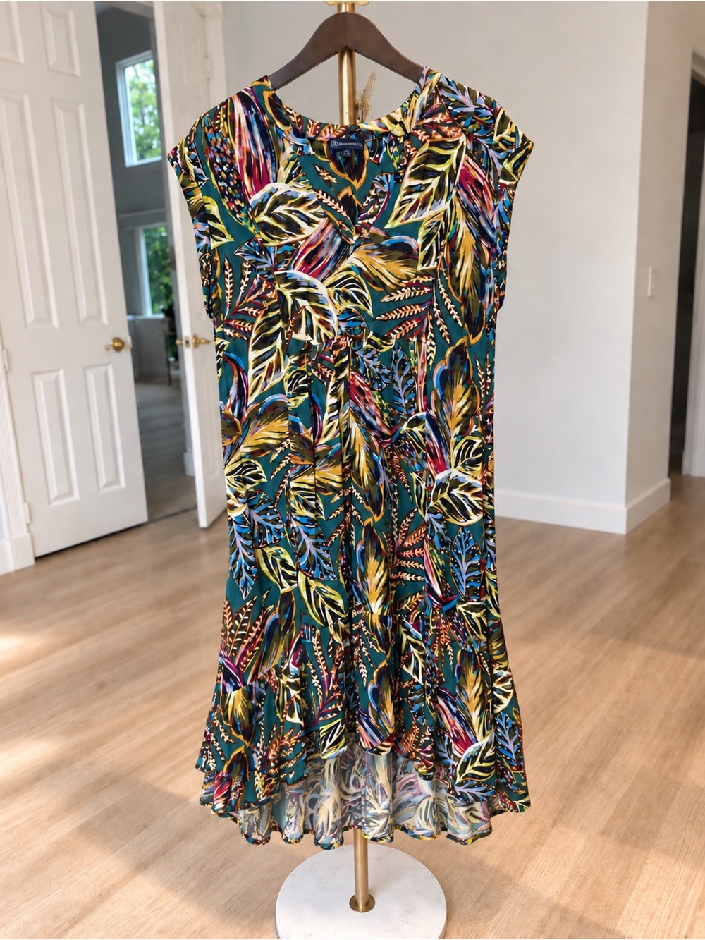 Democracy Teal Tropical Leaf High-Low Dress